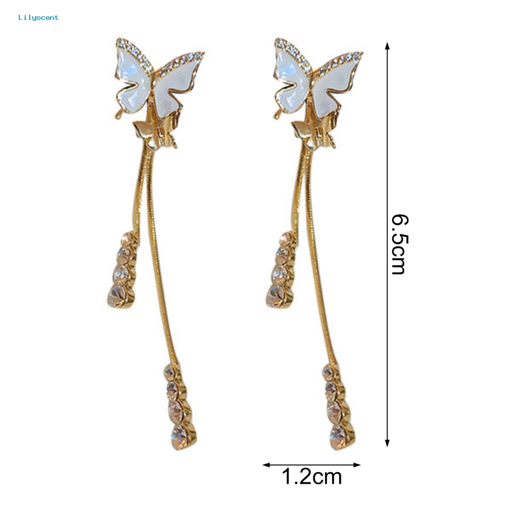 Lilyscent Desain Sederhana Anting Panjang Aksesoris Fashion Hias Berlian Imitasi Kupu-Kupu Stud Earrings Rumbai Panjang