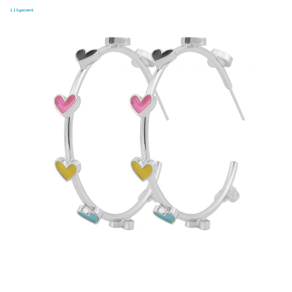 Lilyscent 1pasang Hypoallergenic Stud Earrings Aksesoris Perhiasan Berwarna Cinta Hati Hoop Earrings Geometris