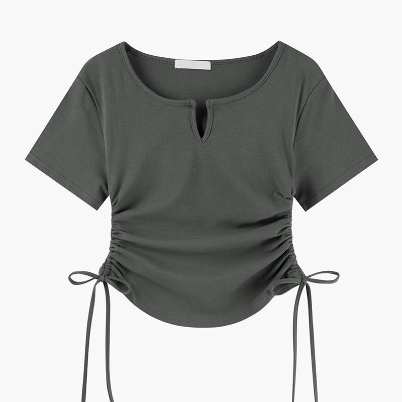 Red "V-neck/round neck" warna solid lengan pendek t-shirt musim panas wanita slim fit dan desain slim serut hot girl atasan trendi