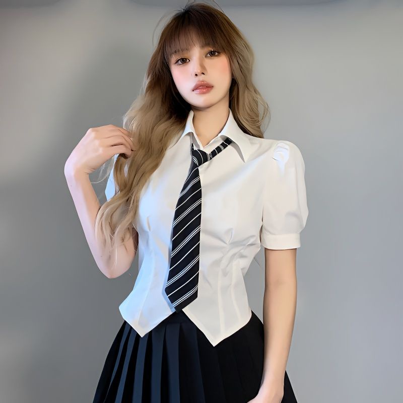 Red Rapcopter Korean college style puff sleeve shirt female POLO gift tie breasted slim fit all-match top summer