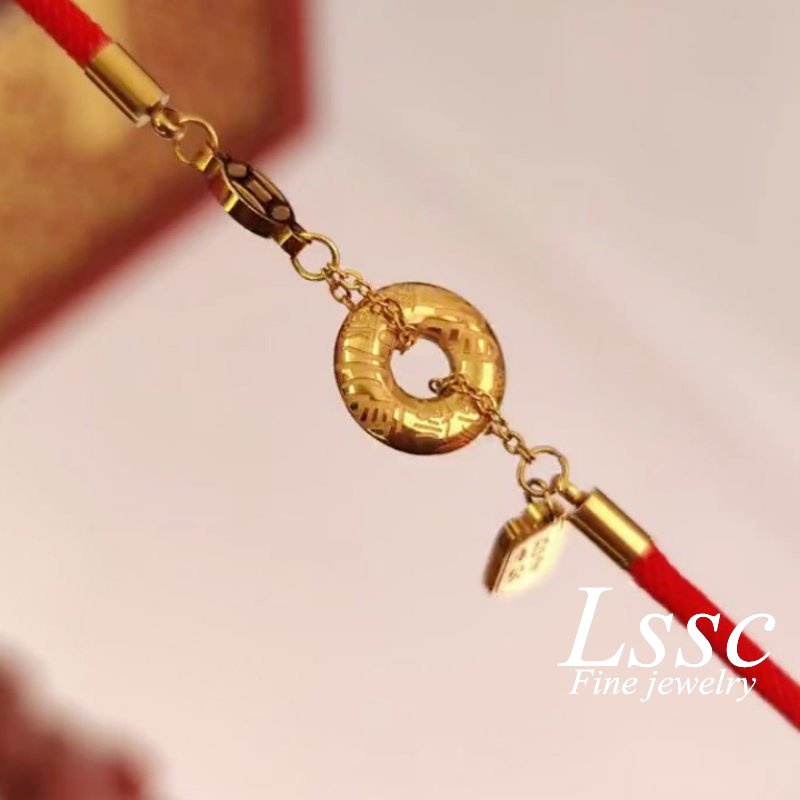 Gelang Tali Titanium Wanita Anti Karat Emas 18K Bulat Merah Keberuntungan Aksesoris Perhiasan