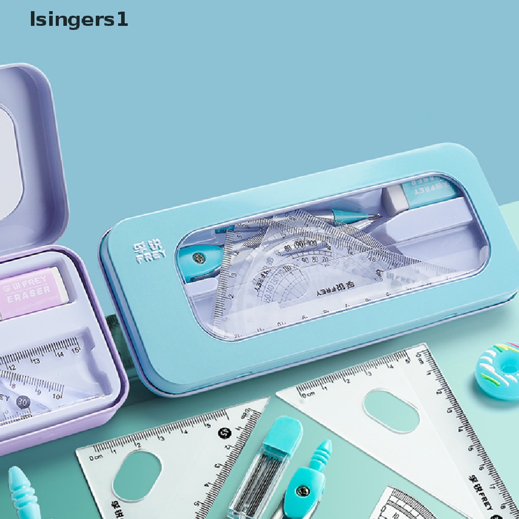 [lsingers1] 7pcs Set Matematika Kompas Untuk Siswa Dengan Kotak Penyimpanan Anti Pecah Kotak Besi Anak Penggaris Segitiga Karet Tin Pensil Case Alat Tulis Siswa Set Perlengkapan Sekolah Butik