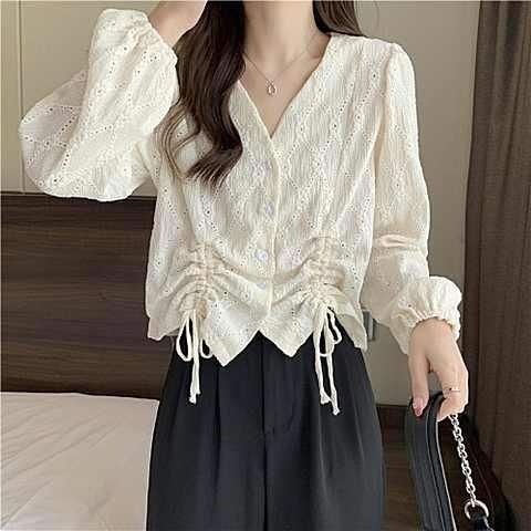 Red Atasan kemeja wanita gaya awal musim gugur V-neck berongga ceruk rasa desain double drawstring slimming western chic chic kemeja kecil yang indah