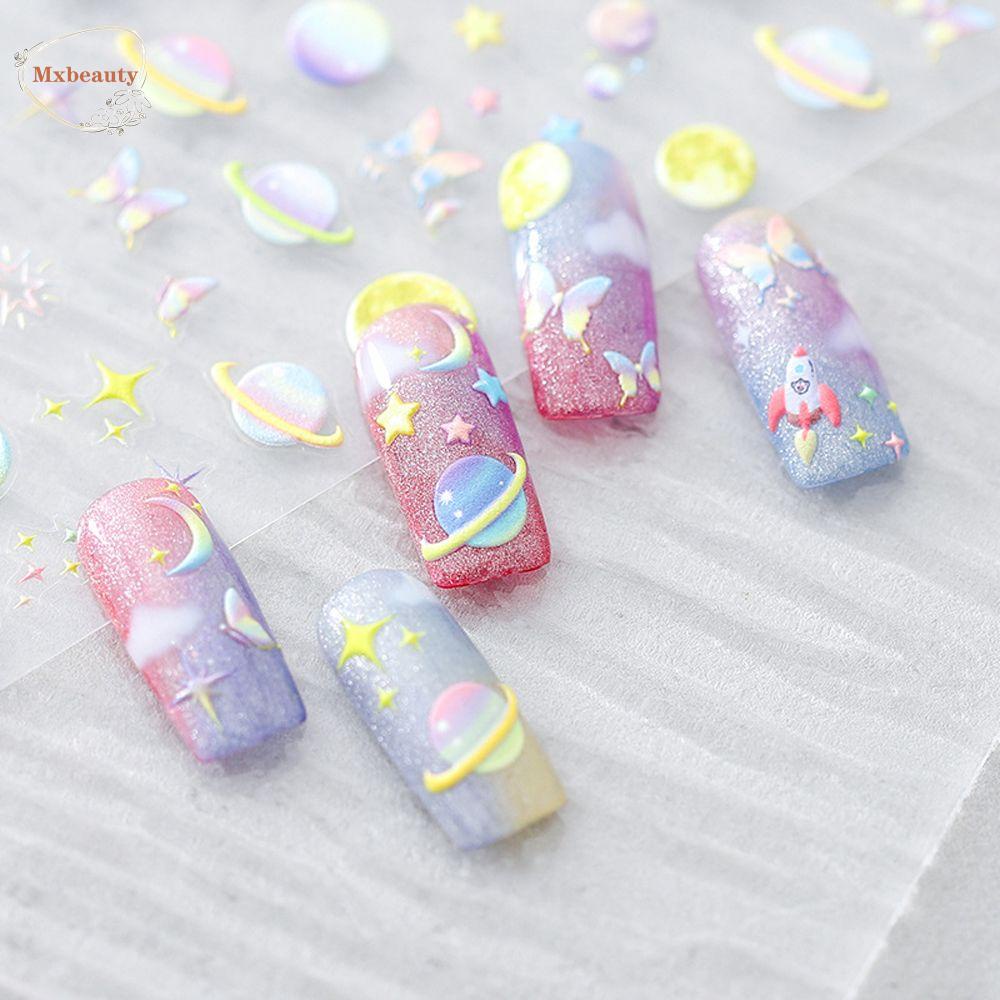 Mxbeauty Kartun Stiker Kuku Cherry Bintang Spaceman Pelangi Roket Perekat Diri DIY Nail Art Dekorasi