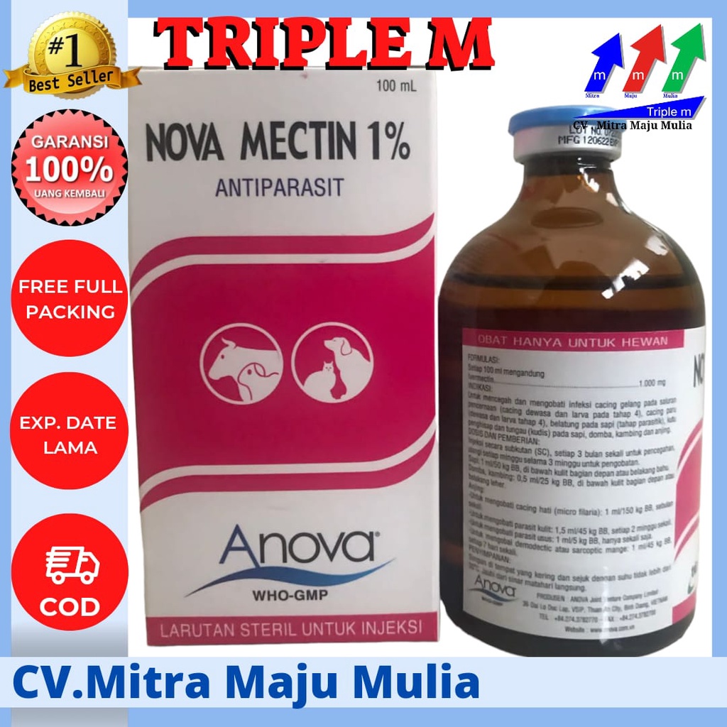 NOVA MECTIN 1% Triple M- Obat ANTIPARASIT (cacing/gudeg) pada HEWAN