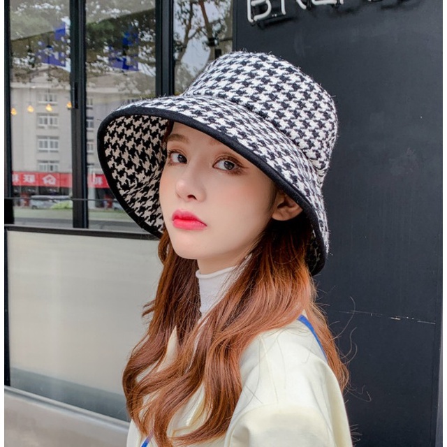 IMPORT NABILA WOMAN HOUNDSTOOTH BUCKET HAT WINTER AUTUMN SPRING KOREAN STYLE TOPI WANITA MUSIM DINGIN