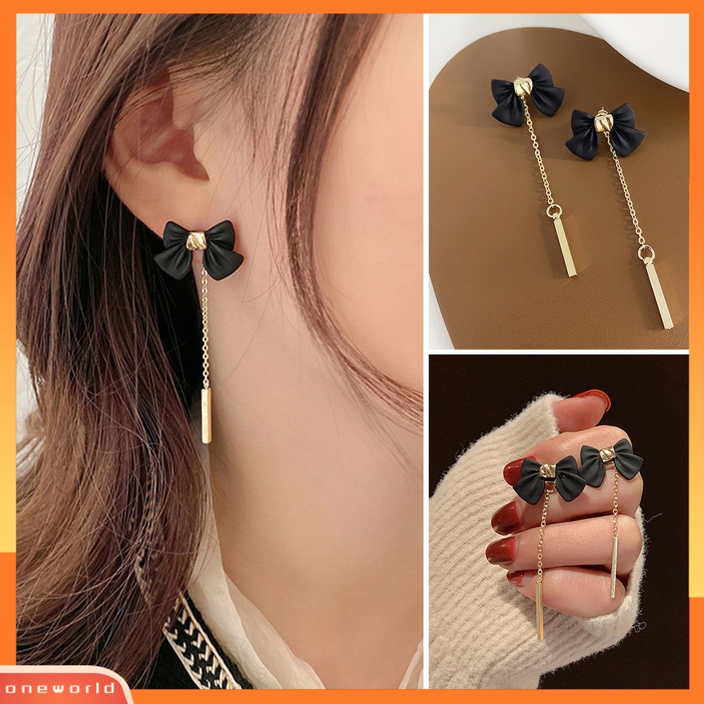 [ONE] 1pasang Ear Studs Detachable Golden Rantai Panjang Rumbai Elegan Hadiah Lucu Hitam Ikatan Simpul Wanita Anting Fashion Perhiasan
