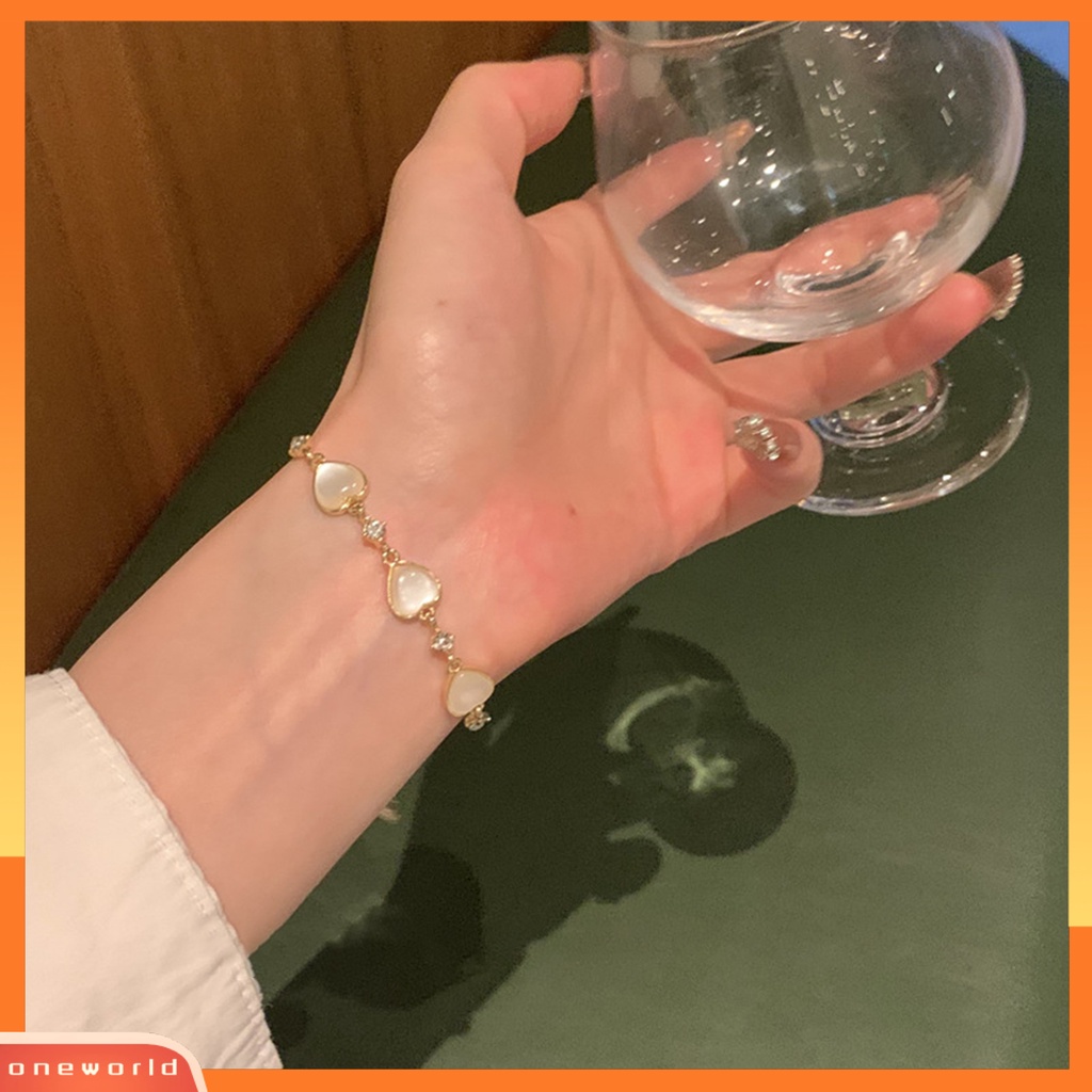 [ONE] Wanita Gelang Shiny Faux Cat Eye Stone Adjustable Golden Elegan Tiga Cinta Hati Pesona Wanita Bangle Fashion Perhiasan