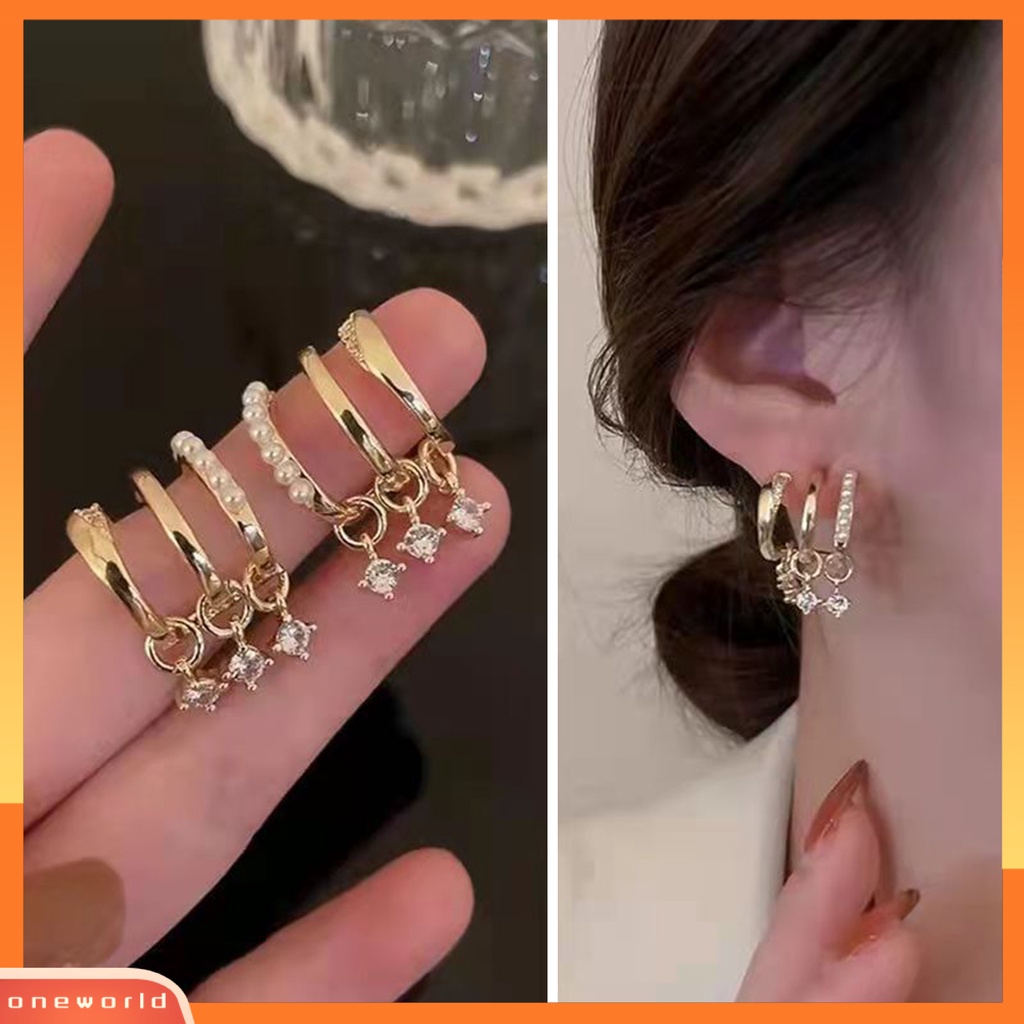 [EONE] 1pasang Anting Hoop Multi-layer Geometris Glitter Mutiara Imitasi Hias Berlian Imitasi Stud Earrings Perhiasan Aksesori