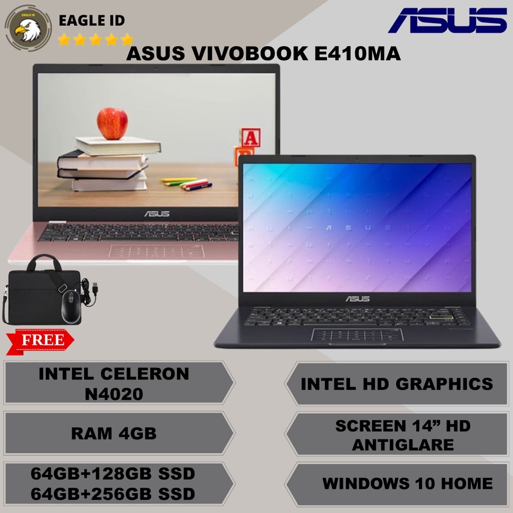 Laptop Murah Asus Vivobook 14 E410MA Intel Celeron N4020/RAM 4GB/128GB Black Laptop Sekolah 4 Jutaan