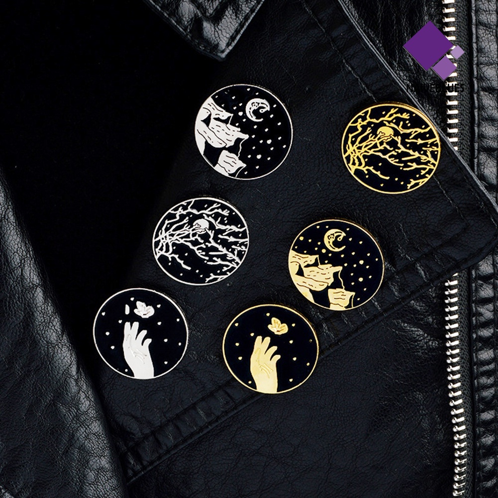 &lt; Naiveblues &gt; Enamel Bulat Retro Bulan Bintang Belati Aksesori Denim Jaket Bros