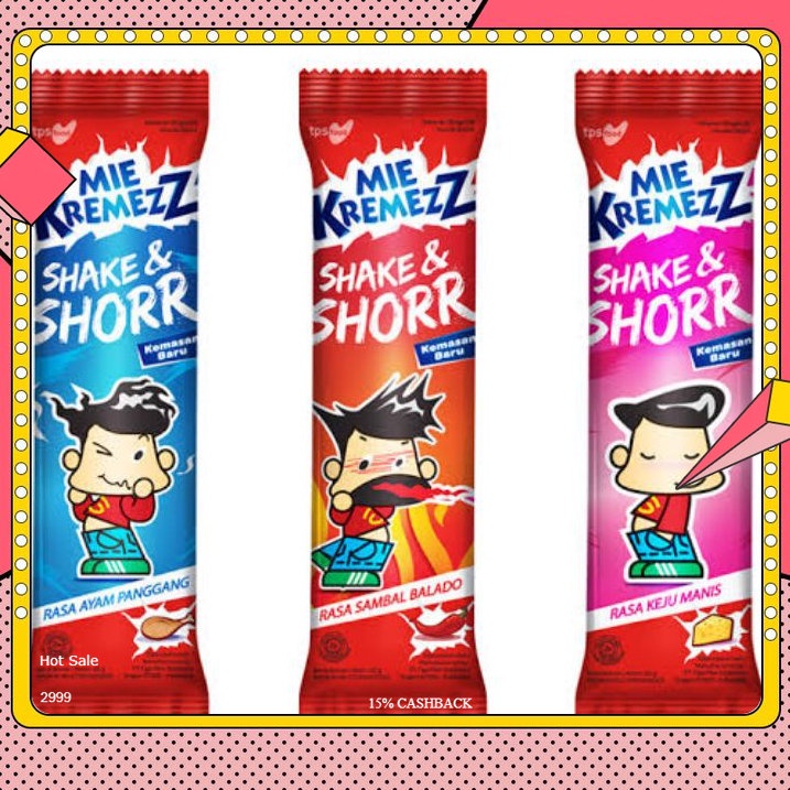 

MIE KREMEZZ SHAKE SHORR 16gr KEJU MANIS SAMBAL BALADO KREMEZ AYAM PANGGANG MI KREMES SHOR KOCOK CEMILAN ANAK GROSIR MURAH MAKANAN RINGAN 16 gram