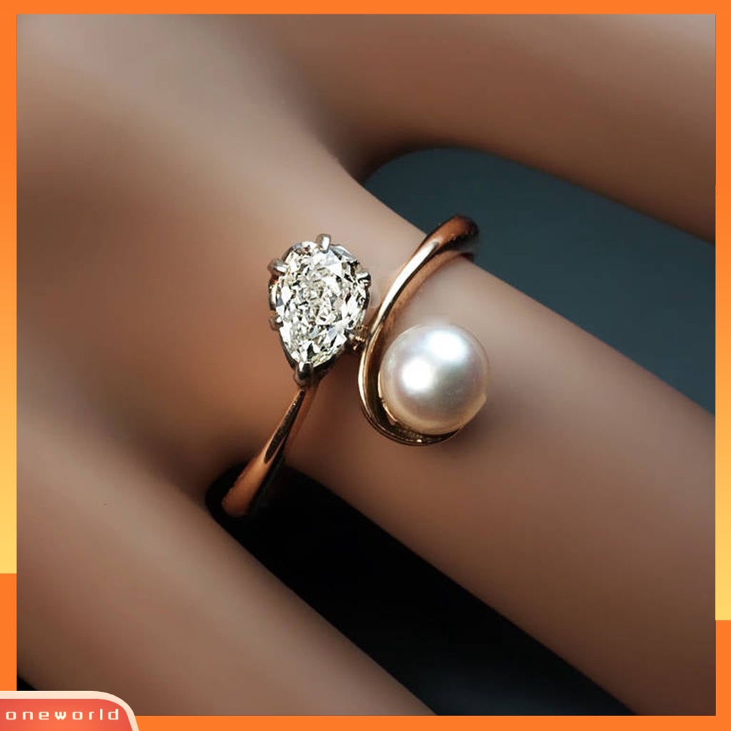 [EONE] Menawan Kulit-Menyentuh Cincin Lady Tembaga Faux Pearl Cubic Zirconia Finger Band Perhiasan Aksesori