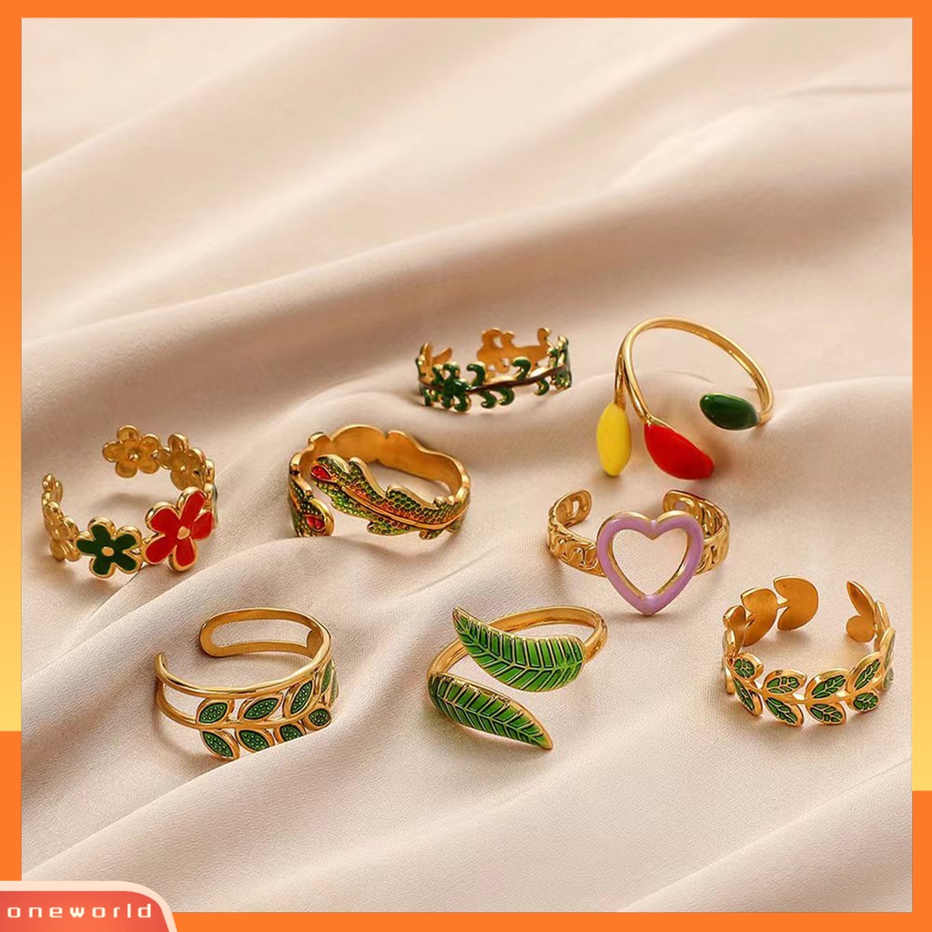 [EONE] Cincin Wanita Daun Bunga Hati Warna Cerah Perhiasan Pembukaan Adjustable Finger Ring Untuk Pesta Perjamuan Prom