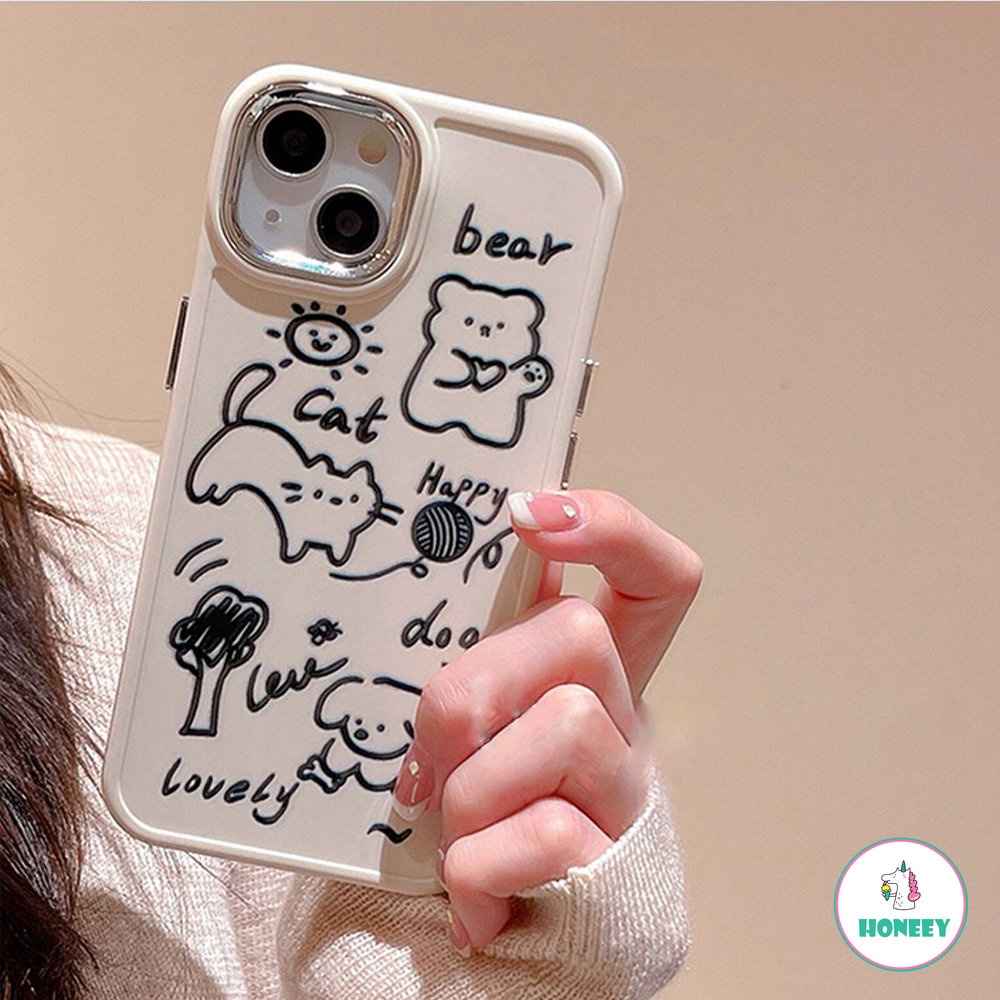 IPHONE Lucu Graffiti Line Animals Bear Happy Cat Phone Cover Case Untuk Iphone14 13 12 11 Pro Max Anjing Yang Indah Jatuh Bukti Soft Cover