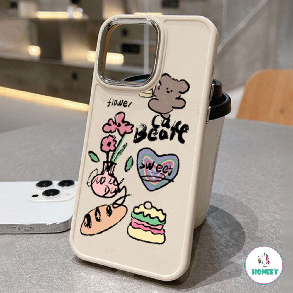 IPHONE Ins Graffiti Bear Flower Cake Phone Case Untuk Iphone14 13 12 11 Pro Max Perlindungan Kamera Metal Hybrid Phone Cover