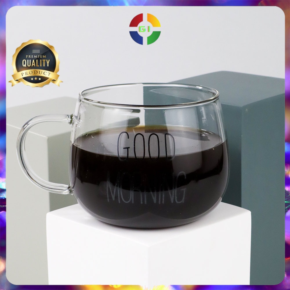 Cangkir Kopi Glass Coffee Mug Good Morning 350ml  Transparent