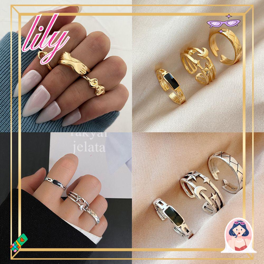 Lily Knuckle Rings Set Wanita Punk Berongga Logam BOHO Midi Rings