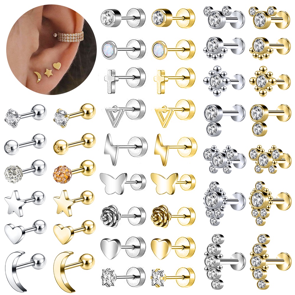 3-6 Pcs Stainless Steel Tulang Rawan Kristal Stud Earrings Set Kupu-Kupu Bunga Mawar Anting Datar Bawah Telinga Stud Helix Piercing