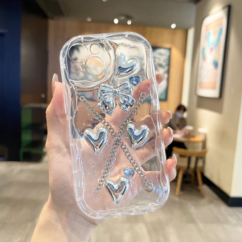 【Resin Case】3D Silver Love Bow Silicone Case for IPhone X XS XR XS Max 11 13 12 14 PRO Max 14 Plus Clear IPhone Case Ice Cream Casing hp iPhone 13 pRO MAX