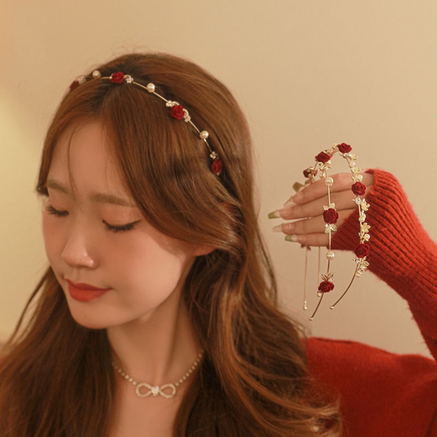 Korea Merah Bunga Mutiara Berlian Imitasi Bando Kristal Alloy Tipis Rambut Band Woman Fashion Aksesoris Rambut