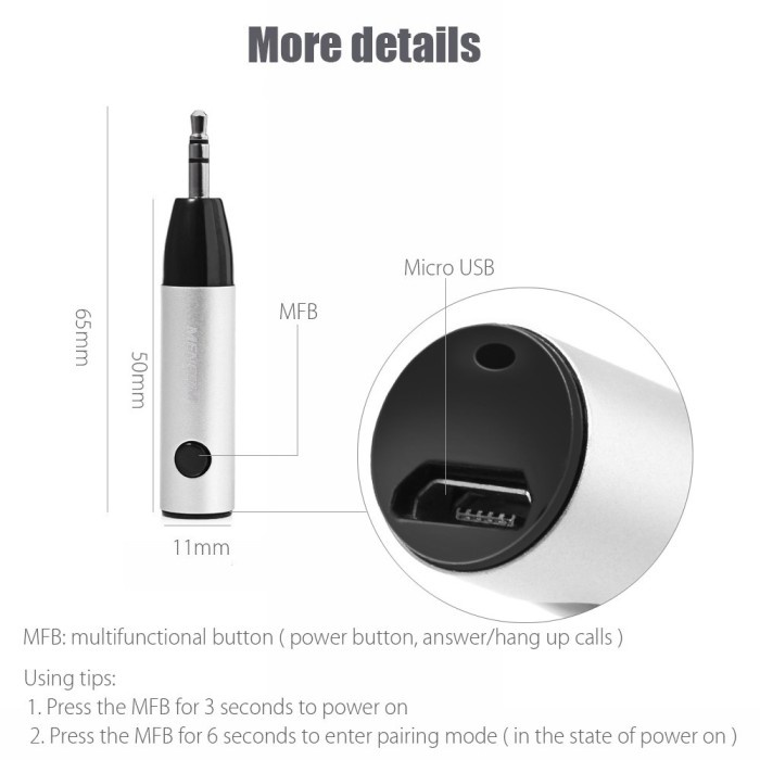 MENCOM BTR005 Bluetooth Wireless Receiver Audio Mobil AUX BT JACK 10M