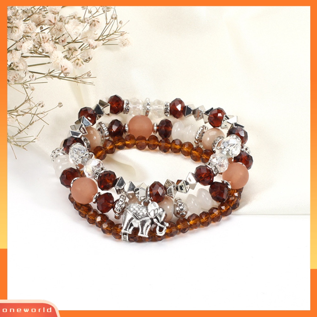 [EONE] 3 Pcs/Set Gajah Menjuntai Tali Elastis Perempuan Gelang Multilayer Wanita Bohemia Manik-Manik Kristal Imitasi Gelang Perhiasan Aksesori