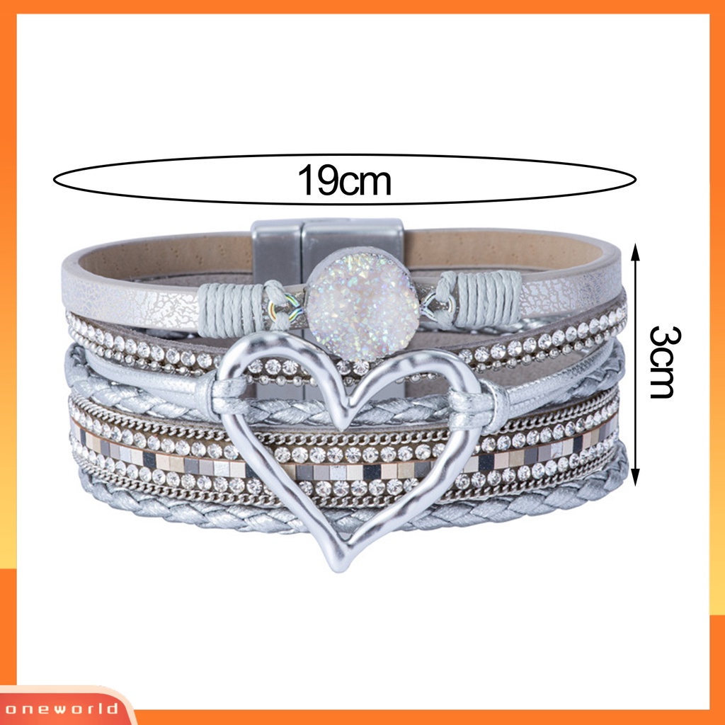 [EONE] Wanita Gelang Kulit Imitasi Cinta Hati Pesona Multi-layer Bohemia Resin Batu Hadiah Dikepang Punk Gadis Cuff Bangle Fashion Perhiasan