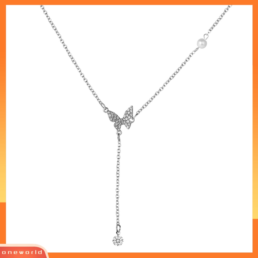 [EONE] Kalung Rumbai High-end Kupu-Kupu Mutiara Imitasi Cahaya Mewah Cubic Zirconia Leher Ornamen Temperamen Shiny Panjang Liontin Klavikula Kalung Perhiasan Aksesori