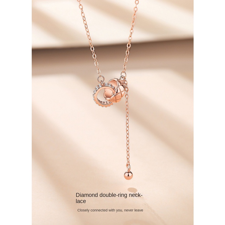 Sterling Silver Double Ring Kalung Perempuan ins Gaya Sterling Silver Musim Panas Gaya Baru Cahaya Mewah Niche Interlocking Rose Gold Rumbai Klavikula Rantai