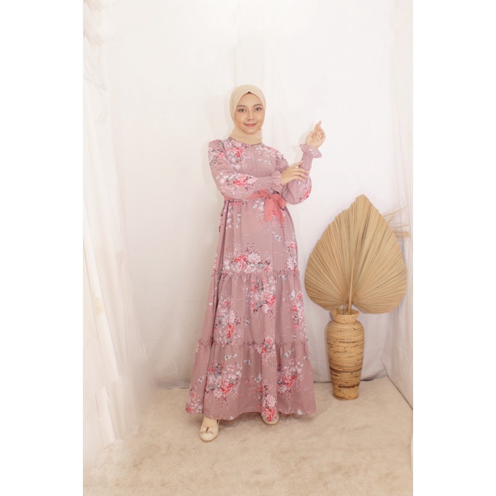 Humaira maxi Dress Baju Gamis wanita muslim busui Jumbo motif bunga - Abu-abu, M