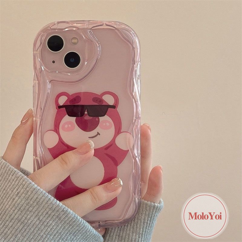 IPHONE Casing Ponsel Manyo Beruang Strawberry Merah Mawar Kompatibel Untuk Iphone7 8 6s 6plus11 12 13 14 Pro Max XR X XS Max SE 2020 3D Wavy Curved Edge Glossy Shockproof Tpu Soft Cover