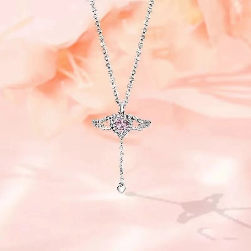 Ahellogirl Cupid Heart Necklace Love Zircon Pink Diamond Romantic Angel Necklace Kalung Hati Mewah