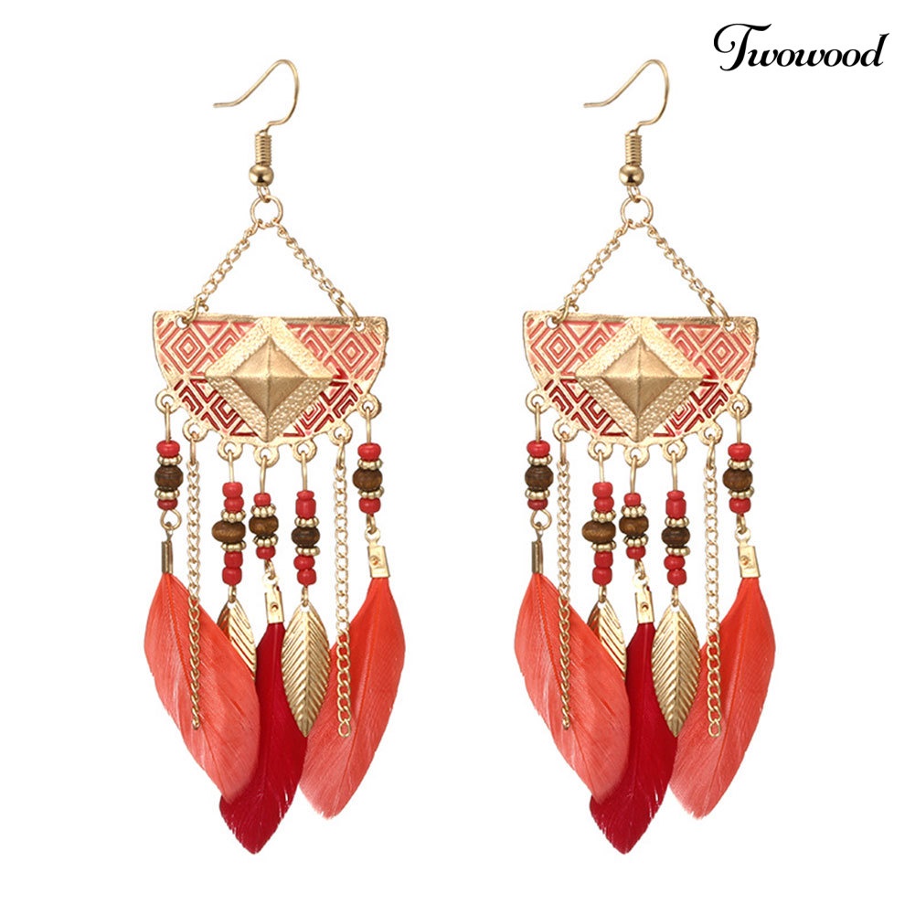 Twowood Boho Geometris Bentuk Kipas Rumbai Manik-Manik Bulu Anting Statement Lady Ear Hooks