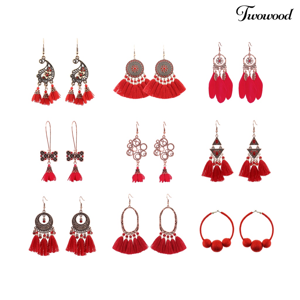 Twowood 1pasang Anting Menjuntai Rumbai Desain Perhiasan Hadiah Merah Wanita Pernikahan Drop Earrings Untuk Festival