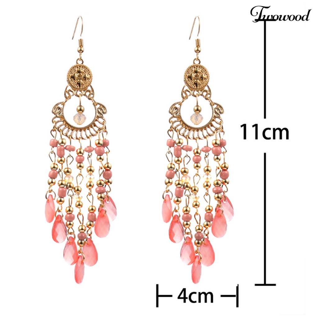 Twowood 1pasang Drop Earrings High-end Berongga Keluar Manik-Manik Gaya Bohemia Rumbai Wanita Anting Kait Perhiasan Pacaran