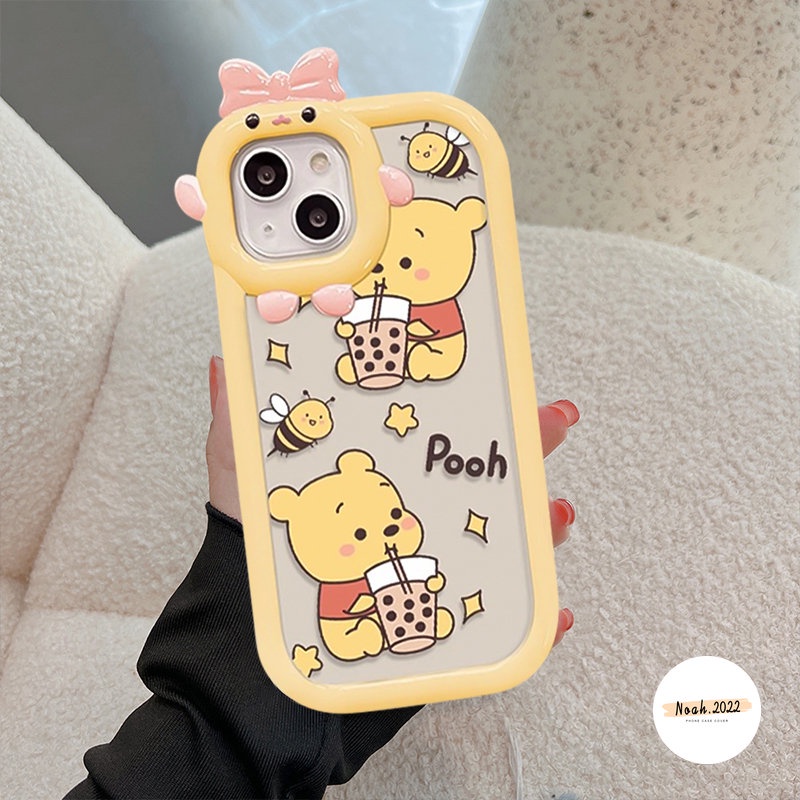 IPHONE 3d Ikatan Simpul Beruang Lucu Monster Kecil Case Lensa Kompatibel Untuk Iphone11 7Plus 8Plus XR 13 14 12 11 Pro Max X XS Max 6s 6 8 7 Plus SE 2020 Kartun Winnie the Pooh Lembut Tpu Cover