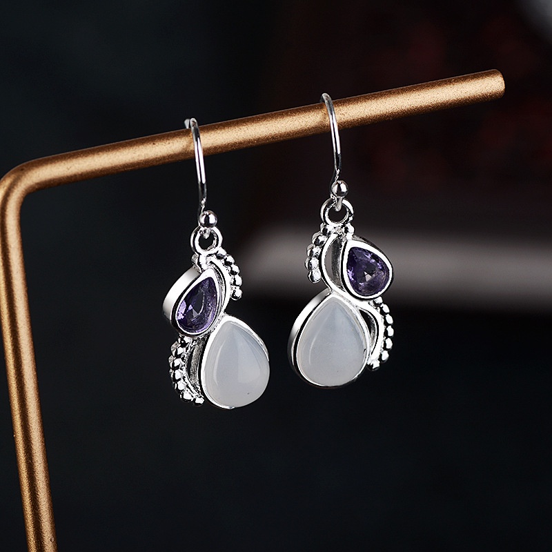 Goldkingdom Aksesoris Perhiasan Fashion Ready Stock Amethyst Water Drop Pear Shaped Colorful Moonstone Earrings Vintage Anting Wanita