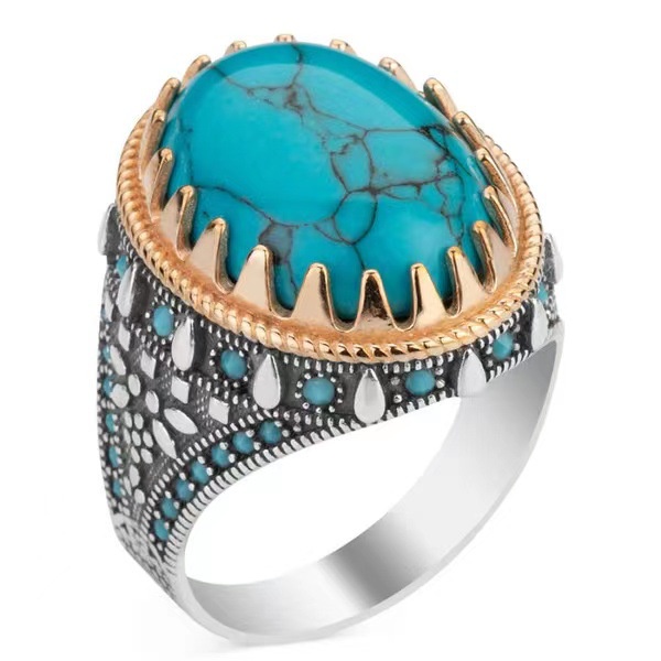 Pola Retro Turquoise Pria Cincin Pria Keren Zirkon Cincin Trendi Pria Single Ring