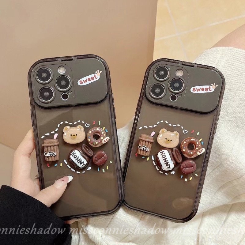 3d Kartun Lucu Mainan Beruang Kopi Donat Case Untuk Oppo A57 A12 A15 A7 A3s A5s A53 A15s A9 A5 A77 A77S A11K A31 A33 2020 A35 Kreatif Flip Make Up Cermin Shockproof Soft Phone Cover