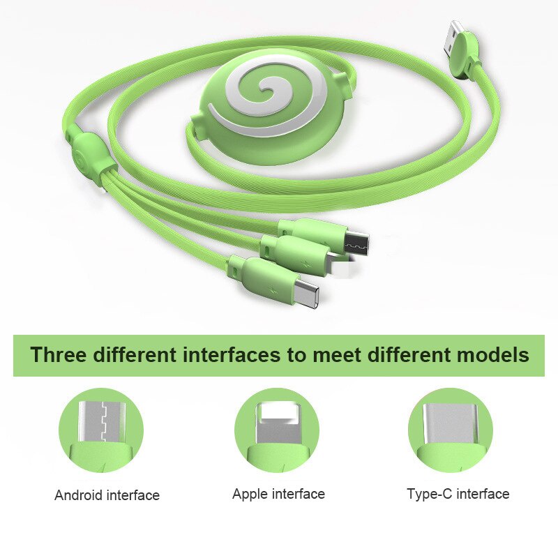 3in1 3A Tipe C Kabel Micro USB Untuk iPhone Ditarik Kabel Pengisian Cepat USB Wire Cord Kabel Silikon Cair 1M