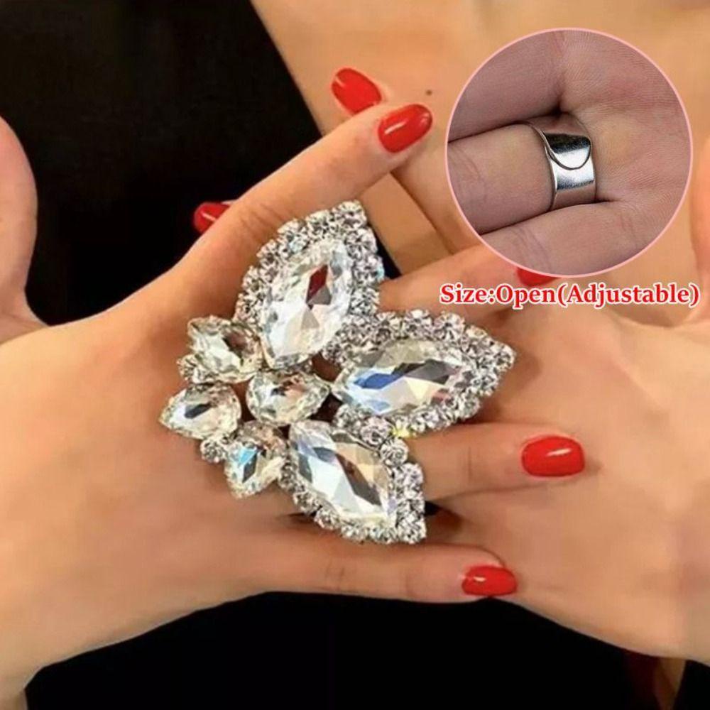 Lily Melebih-Lebihkan Berlian Imitasi Terbuka Cincin Desain Baru Pernyataan Mewah Adjustable Pernikahan Ulang Tahun