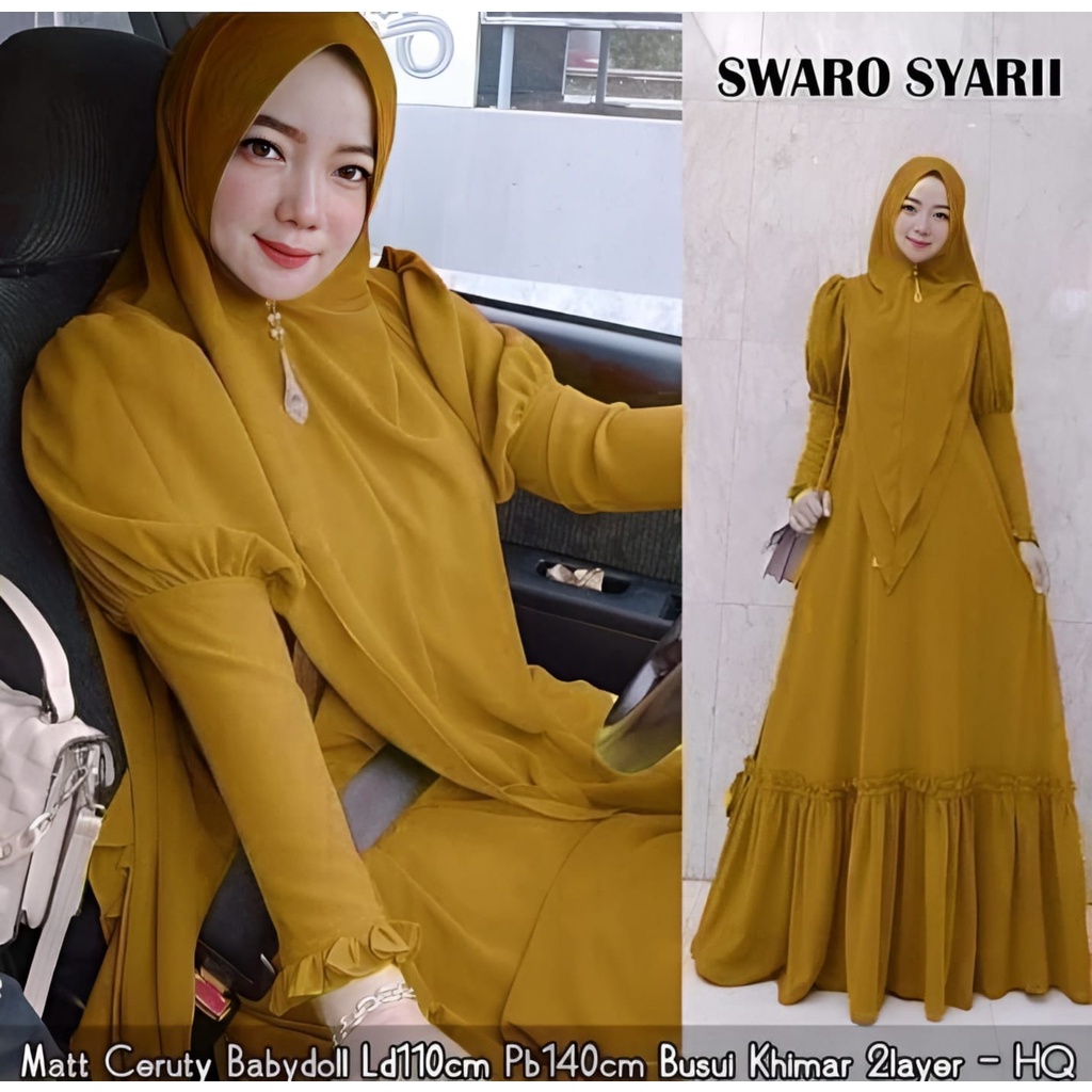 Swaro Syari Gamis Busui Ceruty Babydoll Furing Dress Syar'i Khimar 2 Layer Muslim Premium