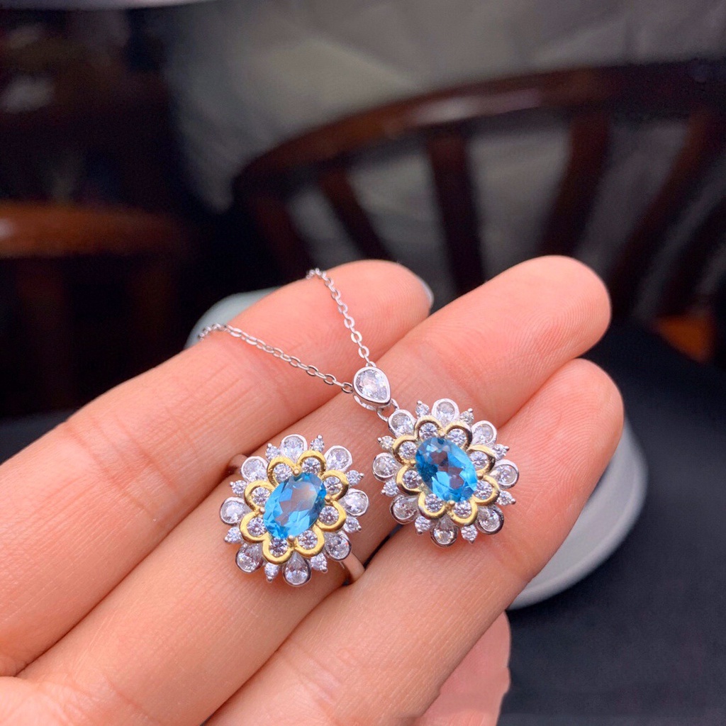 Goldkingdom Fashion Perhiasan Aksesoris Ready Stock Sky Blue Topaz Kalung Darah Burung Merpati Ruby Terbuka Cincin Gadis