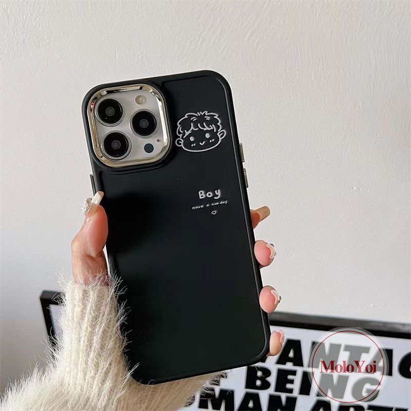 IPHONE Bingkai Lensa Logam Plating Mewah Kartun Lovers Case Kompatibel Untuk Iphone11 7 8 Plus 14 13 12 Pro MAX X XR XS MAX 7plus 8plus Pasangan Lucu Cowok Cewek Lembut Penutup Belakang