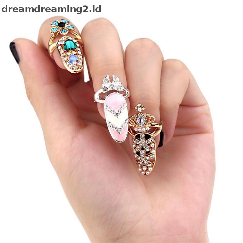 (drea) Wanita Elegan Ikatan Simpul Kuku Cincin Pesona Mahkota Bunga Kristal Jari Kuku Rings//