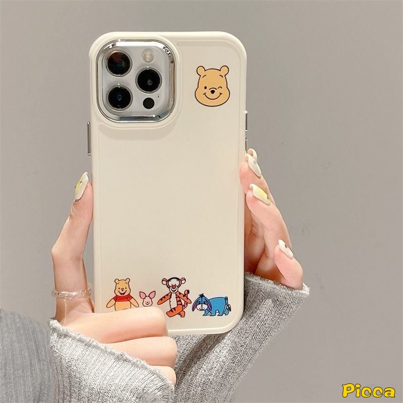 Caroon Disney Mickey Minnie Mouse Case Kompatibel Untuk IPhone 14 11 12 13 Pro MAX X XR 7 8 Plus XS MAX Lucu Winnie The Pooh Bear Pasangan Mewah Plating Bingkai Lensa Metal Soft Cover