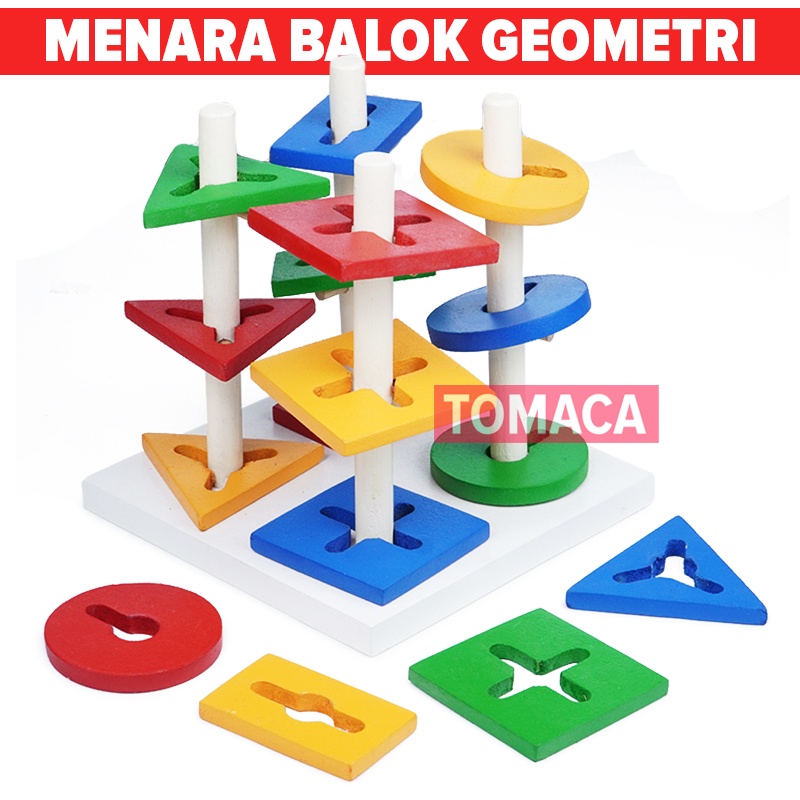 Mainan Kayu Anak Edukatif Menara Susun Geometri Puzzle Bentuk Shape Tumbilng Tower Sortir Montessori