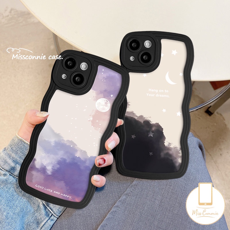 IPHONE Fantasy Casing Ponsel Bulan Bintang Langit Berbintang Kompatibel Untuk Iphone11 13 14 12 Pro Max8 6 6s 714 Plus 8Plus XR 7Plus XS Max X SE 2020 Pasangan Tepi Bergelombang Lembut TPU Cover