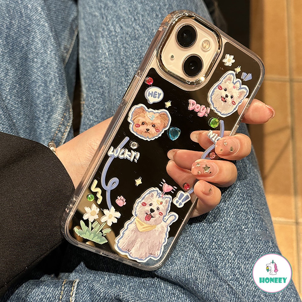 IPHONE Casing Ponsel Cermin Puppy Bunga Lucu Kompatibel Untuk Iphone11 12 13 14 Pro Max Shockproof Handphone Back Cover